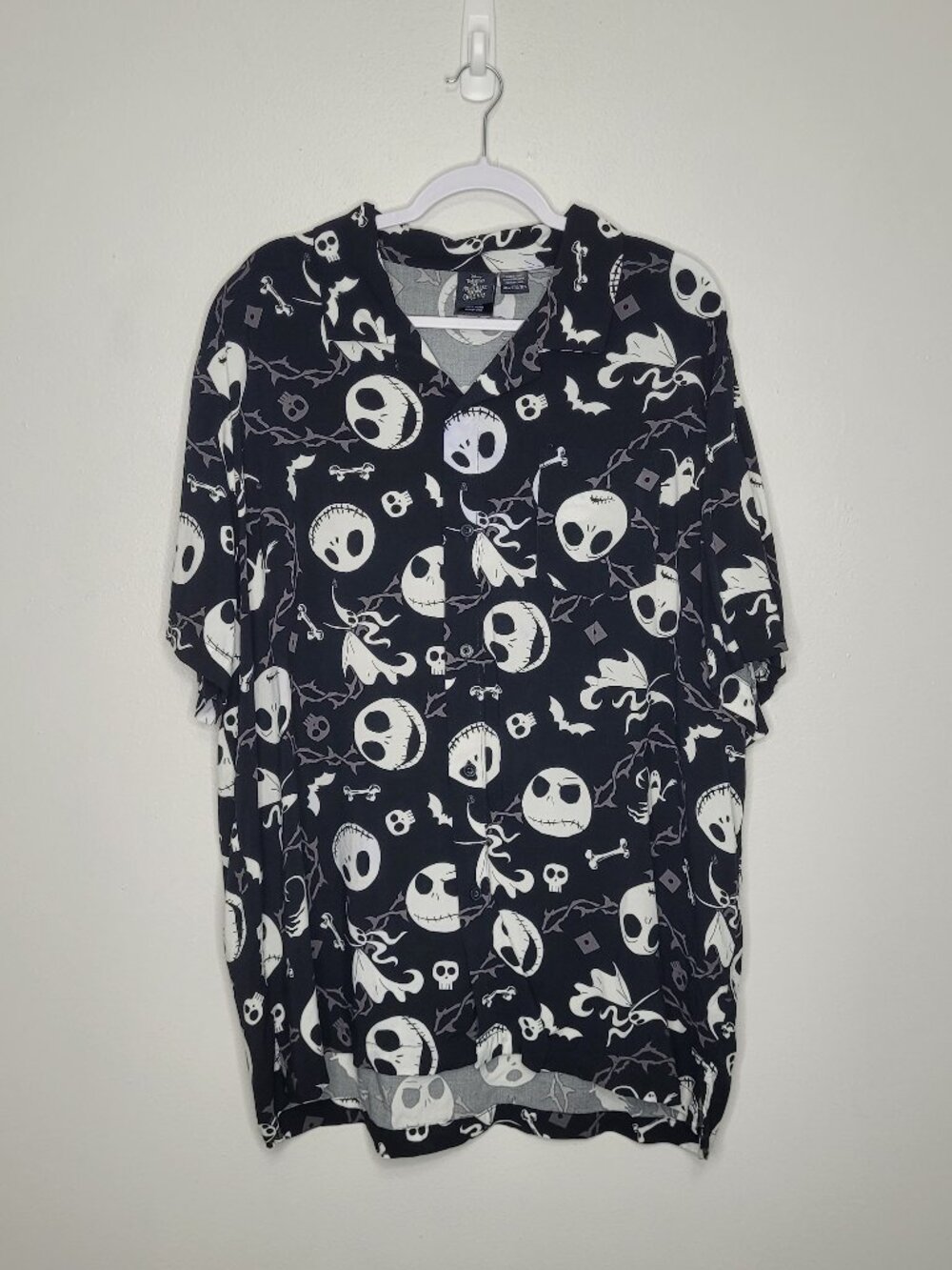 Nightmare Before Christams black white Jack Skelington button front short sleeve